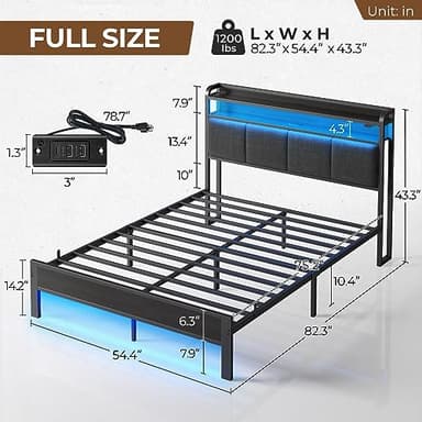 Rolanstar Bed Frame Full Size with Charging Station and LED Lights, Upholstered Headboard with Storage Shelves, Heavy Duty Metal Slats, No Box Spring Need, Noise Free, Easy Assembly, Dark Grey - Image 2