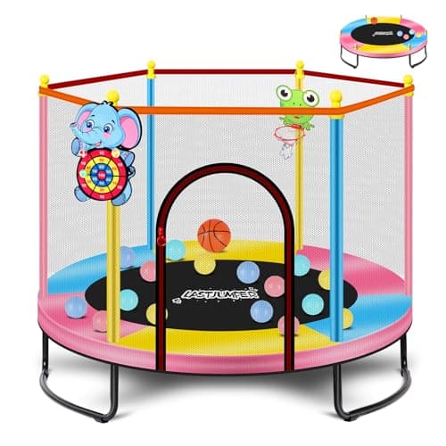 LASTJUMPER 60" Pink Indoor Trampoline for Kids 2-5, 5ft Mini Indoor & Outdoor Small Toddler Trampoline with Basketball Hoop, Dart Board, Ocean Ball,Baby Toys, Birthday Gifts for Kids - Image 1