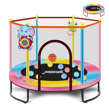 LASTJUMPER 60" Pink Indoor Trampoline for Kids 2-5, 5ft Mini Indoor & Outdoor Small Toddler Trampoline with Basketball Hoop, Dart Board, Ocean Ball,Baby Toys, Birthday Gifts for Kids - Image 1