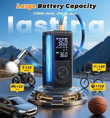 Tire Inflator Portable Air Compressor - 160PSI Fast Inflation Rechargeable Battery & 12V DC Adapter Powered Air Pump for Car Bike Motorcycle Tires Balls with LCD Display, LED Light, Pressure Gauge - Image 4