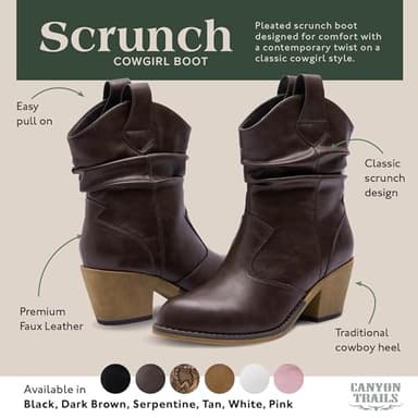 Canyon Trails Western Cowboy Boots for Women - Durable Stack Heel and Ankle Style Cowgirl Boots - Comfortable Faux Leather Teen Girls & Women's Ankle Booties (Dark Brown - Scrunch - 8) - Image 2