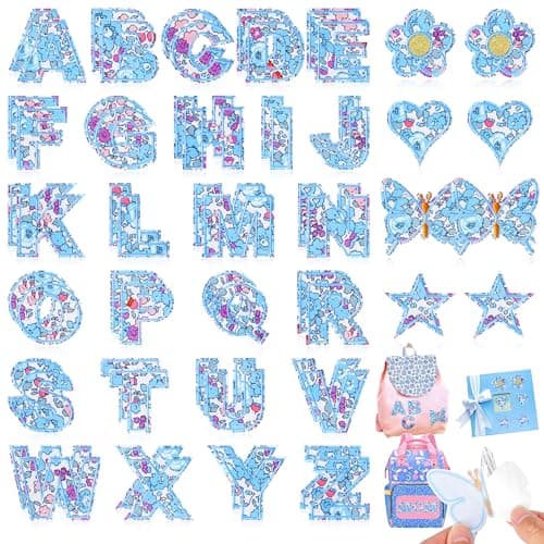 Letter Patches Self-Adhesive for Kids Clothing: Kingsow Blue 60Pcs Flowers Butterfly Letters Patch Stickers A-Z Alphabet Applique - Cute Fabric Letters Patches Stick on Jackets Hats Bags DIY Crafts - Image 1