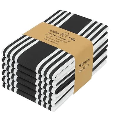Urban Villa Kitchen Towels 100% Cotton Pack of 6, Highly Absorbent Quick Drying Super Soft Premium Dish Towels for Kitchen with Hanging Loop Hand & Tea Towels - 20x30 Inch, (Black & White, Striped) - Image 1
