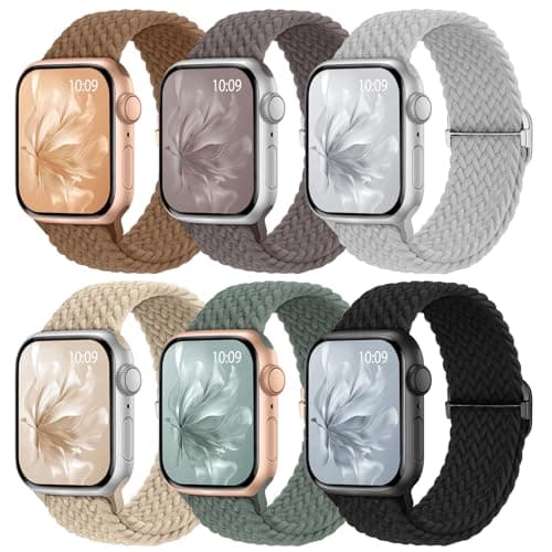 6 Pack Braided Stretchy Bands Compatible with Apple Watch Band 38mm 40mm 41mm 42mm 44mm 45mm 46mm 49mm Women Men, Adjustable Nylon Solo Loop Elastic Straps for iWatch Series 11 10 9 8 7 6 5 4 SE Ultra - Image 1