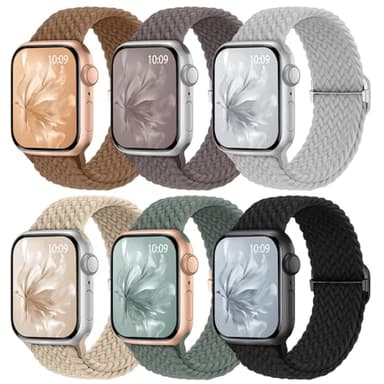6 Pack Braided Stretchy Bands Compatible with Apple Watch Band 38mm 40mm 41mm 42mm 44mm 45mm 46mm 49mm Women Men, Adjustable Nylon Solo Loop Elastic Straps for iWatch Series 11 10 9 8 7 6 5 4 SE Ultra - Image 1