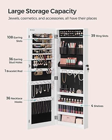 SONGMICS Jewelry Cabinet Armoire, Lockable Wall-Mounted Organizer Unit with 2 Plastic Cosmetic Storage Trays, Full-Length Frameless Mirror, White UJJC001W01 - Image 3