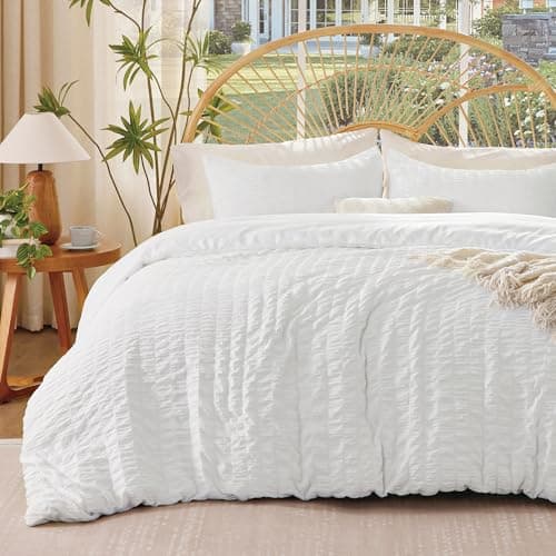 FreshCulture White Duvet Cover Queen Size, 3-Piece Seersucker Duvet Cover Set, Ultra Soft Microfiber Bedding for All Seasons, Zipper Closure&Corner Ties(90"x90" + 2 PillowSham 20"x26") - Image 1