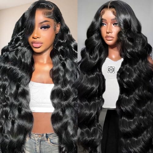 32 Inch Real Human Hair Wigs 200 Density 13x6 Body Wave Lace Front Wigs Human Hair Pre Plucked HD Transparent Lace Frontal Wigs Natural Black Glueless Wig - Image 1