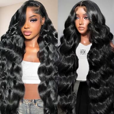 32 Inch Real Human Hair Wigs 200 Density 13x6 Body Wave Lace Front Wigs Human Hair Pre Plucked HD Transparent Lace Frontal Wigs Natural Black Glueless Wig - Image 1