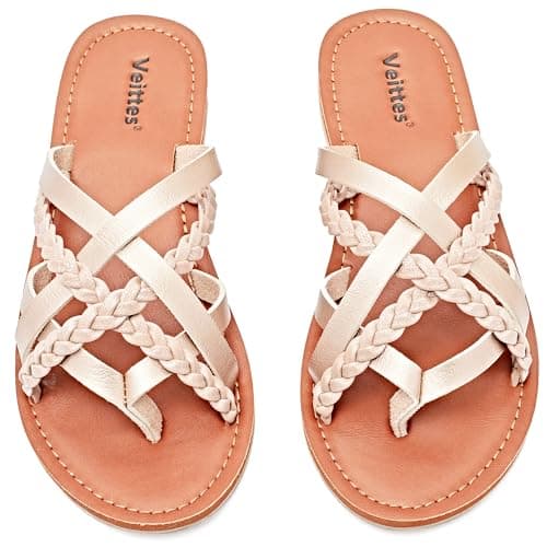 Veittes Women's Flat Slide Sandals - Casual Comfort Braided Multiple Criss Cross Braided Strap Slip-On Pinstripe Flat Summer Thong Sandals,Golden/MF,12 US,2307001 - Image 1
