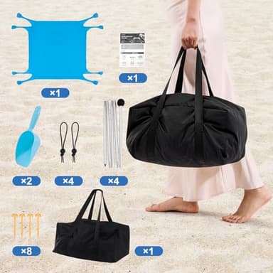 Beach Tent Sun Shelter, Beach Shade Canopy UPF50+, 10x10ft Canopy Tent with 8 Sandbags, Sand Shovels, Ground Pegs & Stability Poles, Pop Up Shade Tents for Beach, Camping, Fishing - Image 7