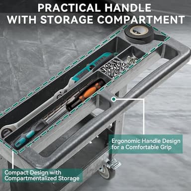 YITAHOME Utility Cart on Wheels, 550 lbs 2 Shelf Heavy Duty Rolling Carts, 45 x 25 in Plastic Service Cart Work Carts with Wheels for Warehouse Garage School & Office, Cleaning, Gray - Image 3