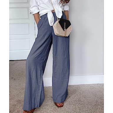 Duyang Womens Cotton Linen Palazzo Pants Drawstring Elastic Waist Casual Wide Leg Trousers with Pockets(Blue,M) - Image 2