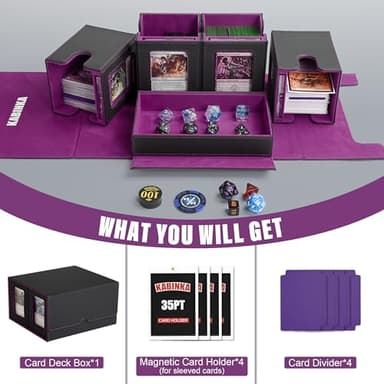Kabinka Commander Deck Box for MTG Fits 400+ Double-Sleeved Card Storage, 5 IN 1 Removable Card Case with Dice Tray, Display Window for TCG/PTCG/EDH, 4 Magnetic One Touch Holders (Black Purple) - Image 5