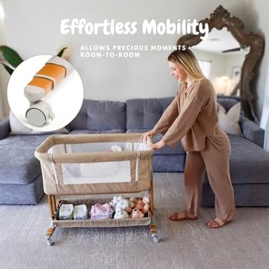 Bassinet Bedside Sleeper for Baby 6 Months, Convertible Cosleeping Baby Bed Attach to Bed with Wheels, Mattress, Storage Diaper Caddy, 6 Adjustable Height, Breathable Mesh Drop Down Side, Gold - Image 6