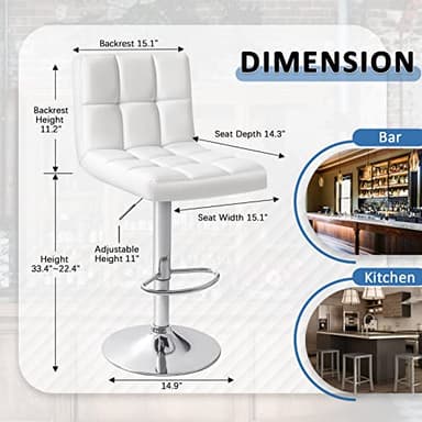 Homall Bar Stools Modern PU Leather Adjustable Swivel Barstools, Armless Hydraulic Kitchen Counter Bar Stool Extra Height Square Island Barstool with Back Set of 4 (Leather, White 4 Pcs) - Image 3