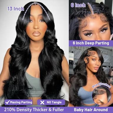 Ghios 13x6 Lace Front Wigs Human Hair Body Wave 30 Inch HD Lace Frontal Wigs Human Hair Body Wave Human Hair Wig for Women 210% Density Pre Plucked with Baby Hair Natural Black - Image 3