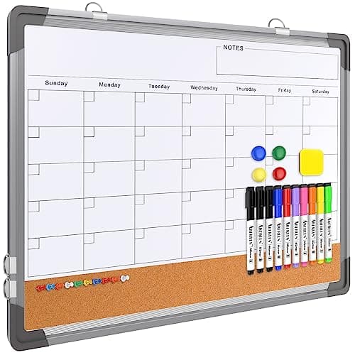 Monthly Calendar Whiteboard Dry Erase Cork Board Combination for Wall, 24"x18" Magnetic Dry Erase Board, Double-Sided White Board, Portable Board for Office, Kitchen, Planning, Memo, School, Home - Image 1
