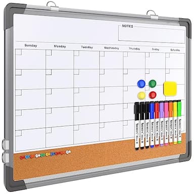 Monthly Calendar Whiteboard Dry Erase Cork Board Combination for Wall, 24"x18" Magnetic Dry Erase Board, Double-Sided White Board, Portable Board for Office, Kitchen, Planning, Memo, School, Home - Image 1