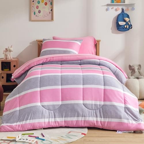 SLEEP ZONE Kids Comforter Set Twin Size, Jersey Knit 5 Pieces Bedding, Super Soft and Breathable Comforter with Sheets, Pillowcases (Pink Grey Stripe) - Image 1