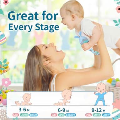 Easter Egg Bunny Baby Teether for Easter Basket Stuffers, Rabbit Egg Rattle Toy Teething for Easter Basket Essentials Infant Boys & Girls First Gifts with 2 Packs Easter Egg Pacifier Clip, 3 Months+ - Image 5