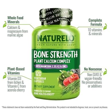 NATURELO Calcium Supplement - with Vitamin C, Vitamin D3, K2, and Calcium Magnesium Zinc for Bone Strength with Calcium 600mg - Plant-Based, 120 Vegetarian Capsules, Non-GMO, Soy & Gluten-Free - Image 2