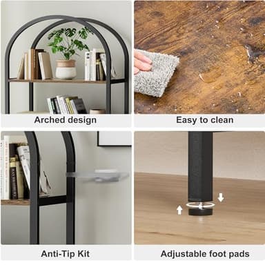 Homhedy 6-Tier Bookshelf Arched Display Racks, Wood and Metal Bookcase, Tall Bookshelf, Industrial Display Standing Shelf Unit, for Home Office, Living Room, Bedroom, Bathroom, Rustic Brown - Image 5