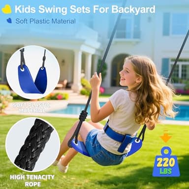 440lbs Kids Swing Set, 3-in-1 Outdoor Playground with Saucer Swing, Belt Seat & 4ft Trampoline, Heavy Duty A-Frame Metal Stand & Safety Stakes, Backyard Playset for Toddlers 3-8 Years Old - Image 7