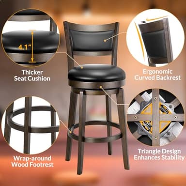 PrimeZone Swivel Bar Stools Set of 4, 26 Inch Counter Height Barstools, Black Faux Leather Bar Stool with High Backrest & Solid Wood Legs & Wrap-around Footrest, Counter Stools for Kitchen Island, Pub - Image 5