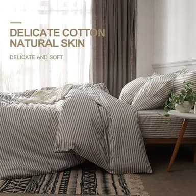 JELLYMONI 100% Natural Cotton 3pcs Striped Duvet Cover Sets,White Duvet Cover with Grey Stripes Pattern Printed Comforter Cover,with Zipper Closure & Corner Ties(Queen Size) - Image 3