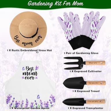 Percozzi Gifts for Mother‘s day Gardening Tools Kit Planting Tools Lavender Straw Hat Floral Apron Glove Women Birthday Spring Mother's Day Basket for Her Mother Outdoor Yard Lawn Horticulture Starter - Image 3