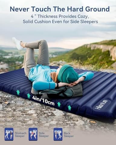Hikenture Double Sleeping Pad for Camping, 4" Extra-Thick Camping Mattress 2 Person, Inflatable & Ultralight Sleeping Mat for Backpacking, Hiking (Navy Foot Pump, Full XL) - Image 3