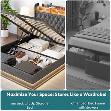 Queen Bed Frame with Storage - Lift Up Queen Size Bed Frame with Headboard, Upholstered Platform Bed with LED Lights & Charging Station, Hydraulic No Box Spring Needed Wood Slats Support, Grey - Image 6