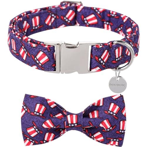 DOGWONG American Flag Dog Collars with Detachable Bow - 4th of July Adjustable Cotton Dog Collar - Perfect Independence Day Dog Collar for Small Medium Large Dogs - Image 1