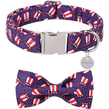 DOGWONG American Flag Dog Collars with Detachable Bow - 4th of July Adjustable Cotton Dog Collar - Perfect Independence Day Dog Collar for Small Medium Large Dogs - Image 1