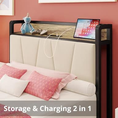 LIKIMIO Twin XL Bed Frames, Storage Headboard with Charging Station, Solid and Stable, Noise Free, No Box Spring Needed, Easy Assembly (Walnut and Beige) - Image 3