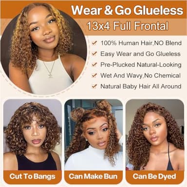HIRIREMY Curly Bob Wig Human Hair Deep Wave 13x4 HD Lace Front Wigs For Black Women Human Hair Pre Plucked Wear And Go Glueless Short Wet And Wavy Ombre Honey Blonde Highlight Color 4/27 14 Inch - Image 5