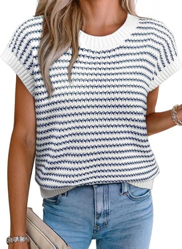 EVALESS Women's 2024 Sleeveless Round Neck Striped Sweater Vest Cap Sleeve Ribbed Knit Pullover Tank Tops Blue Small - Image 1