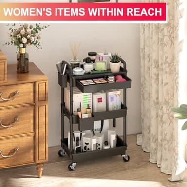 Goovilla 3 Tier Rolling Utility Cart Organizer with Removable Drawer, Stable and Sturdy Black Rolling Storage Carts with 2 Lockable Wheels for Bathroom, Kitchen, Snack, Craft, Makeup, Baby Essentials - Image 5