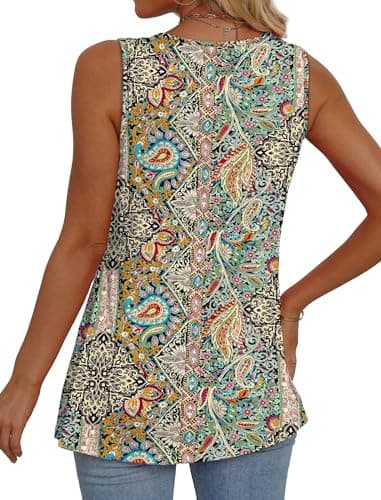 Women's Clothing Plus Size Tops for Women 2025 V Neck Sleeveless Top Vacation Outfits Boho Tops Green Ethnic Floral XL - Image 5