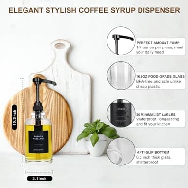 Coffee Syrup Dispenser for Coffee Bar, Glass Syrup Dispenser with Pump, Coffee Syrup Pump Dispenser Bottle with Tray, Spoon for Coffee Station, Coffee Bar Organizer, Black,16.9 oz, 500 ml - Image 4