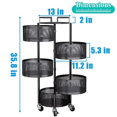 SAYZH Fruit Vegetable Basket for Kitchen, Rotating Storage Rack, 5 Tier Rolling Cart with top lid, Large Metal Wire Wheels, Black - Image 2