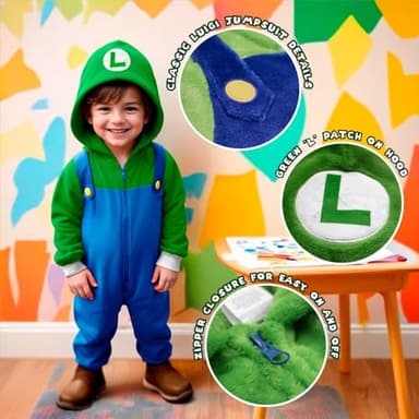 Nintendo Super Mario Brothers Boys Long Sleeve Onesie Zip Coverall with Hoodie Luigi Cosplay Zip Up Onesie for Kids (Green and Blue Size 7) - Image 2