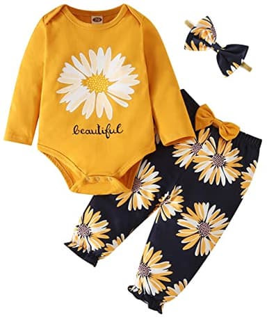 Fullfamous Newborn Baby Girl Clothes Gifts Outfits,Fall Winter Long Sleeve Romper and Pant Set Yellow Sunflower 0-3 months - Image 1