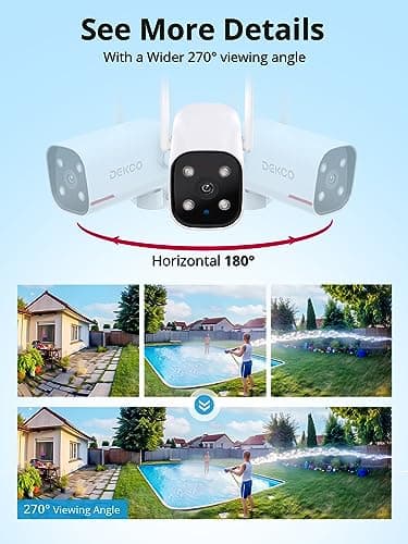 DEKCO 2 Pack Outdoor Security Camera with 2K Color Night Vision, Pan Rotating 180° Wired WiFi Camera Support 24/7 Recording, 2.4GHz WiFi, AI Human Auto Tracking, Work with Alexa/Google Assistant - Image 2