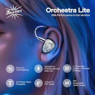 Linsoul Kiwi Ears Orchestra Lite Performance Custom 8BA in-Ear Monitor IEM with Detachable 4-core 7N Oxygen-Free Copper OFC Cable, Handcrafts Faceplate for Audiophile Studio Musician (Clear) - Image 3