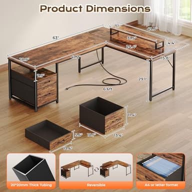 PRAISUN 63 Inch L Shaped Desk with Power Outlets and USB-C Port, Computer Corner Home Office Desk with File Fabric Drawers and Movable Monitor Stand, Larger Storage, Gaming, Writing, Rustic Brown - Image 2
