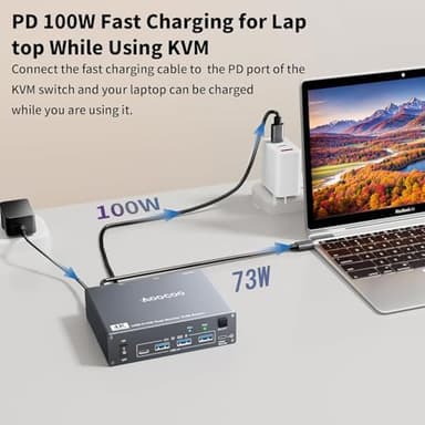 USB C KVM Switch 4K@60Hz,Dual Monitor USB C HDMI KVM Switch for 1 PC and 1 Laptop Sharing 2 Monitor and 4 USB3.0 Devices, PD Power for Laptop with Wired Remote Control and USB Cables Included - Image 4