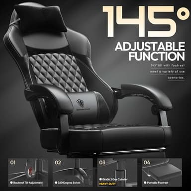 Dowinx Gaming Chair with Pocket Spring Cushion, Ergonomic Computer Chair with Massage Lumbar and Footrest for Adults, High Back Game Chair Leather for Office Gaming 300LBS, All White (Black) - Image 7