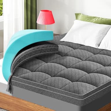 Dual Layer 3 Inch Memory Foam Mattress Topper Queen Size, 2 Inch Cooling Gel Memory Foam Plus 1 Inch PillowTop Mattress Pad Cover, with 8-21 Inch Deep Pocket, Grey - Image 1